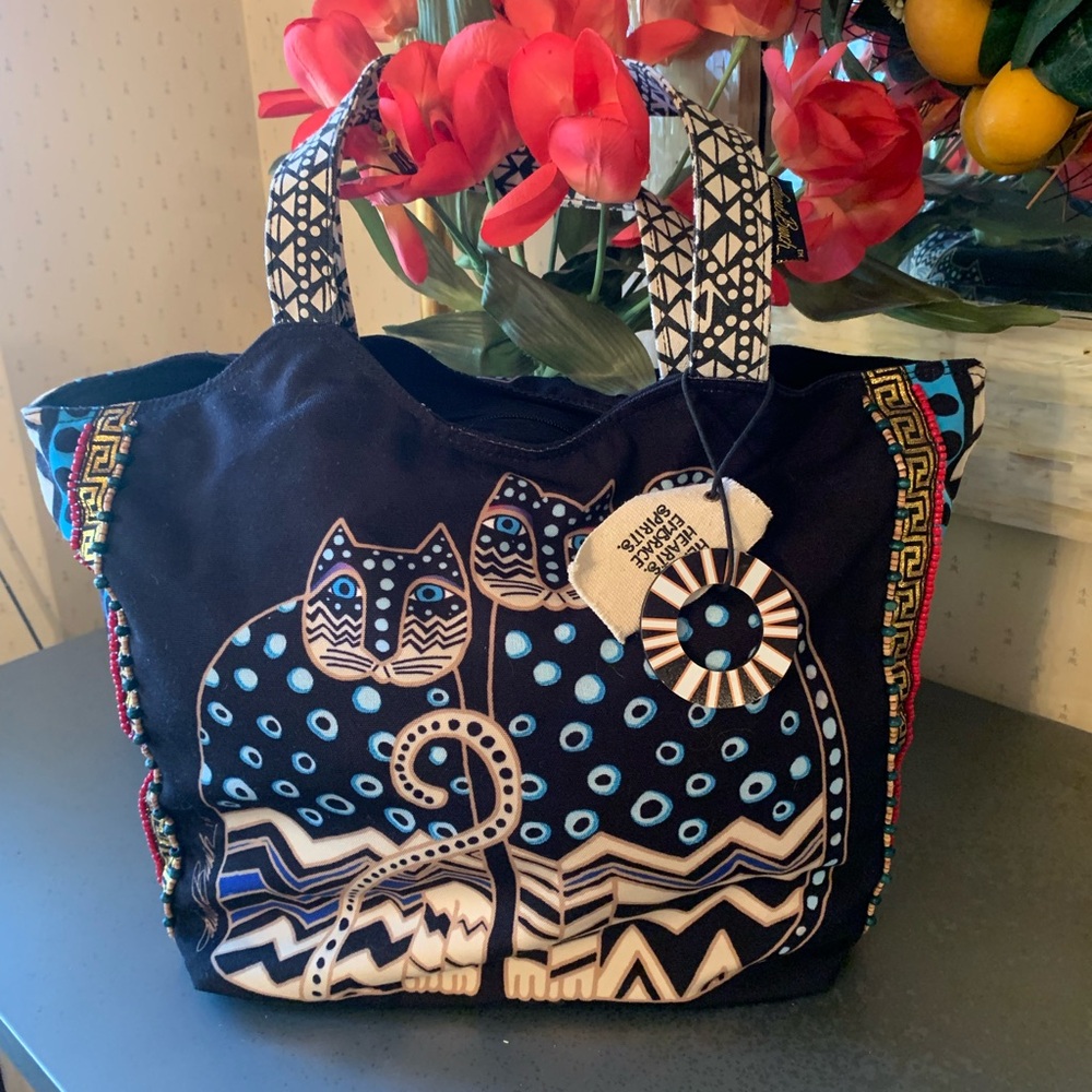 Laurel Burch BLACK and BLUE Cats design LARGE polka dot shoulder tote.